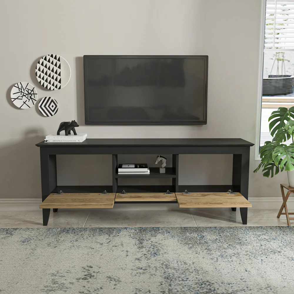 Verde 3 Door TV Unit with Storage - Black, Particle Board