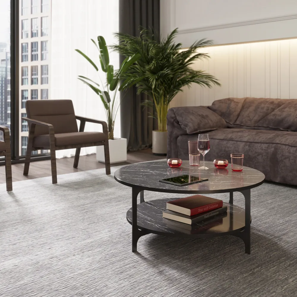 Versy Round Coffee Table with Shelf - Black, Marble Effect