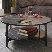 Versy Round Coffee Table with Shelf - Black, Marble Effect