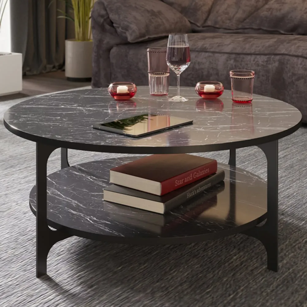 Versy Round Coffee Table with Shelf - Black, Marble Effect