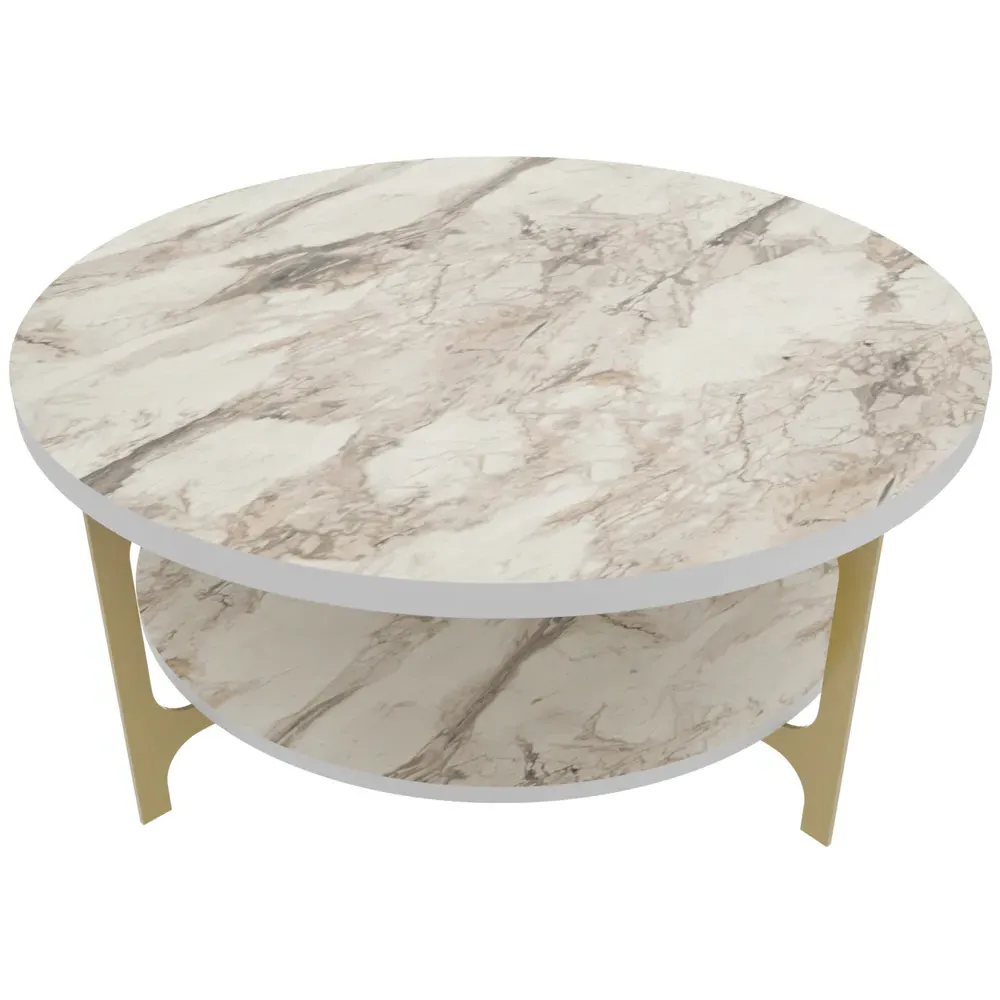 Versy Round Coffee Table with Shelf - White, Marble Effect