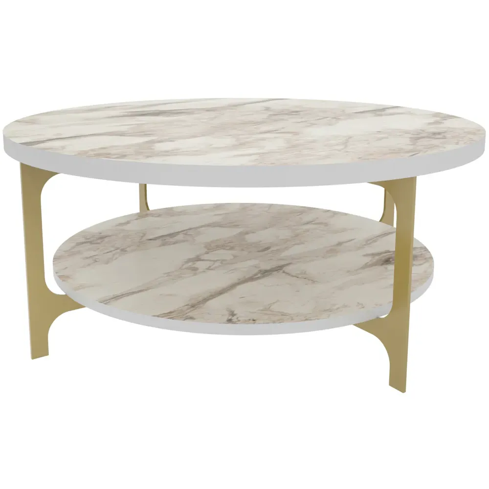 Versy Round Coffee Table with Shelf - White, Marble Effect