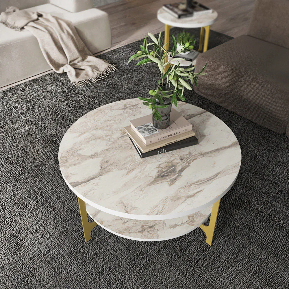 Versy Round Coffee Table with Shelf - White, Marble Effect