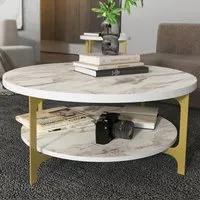 Versy Round Coffee Table with Shelf - White, Marble Effect
