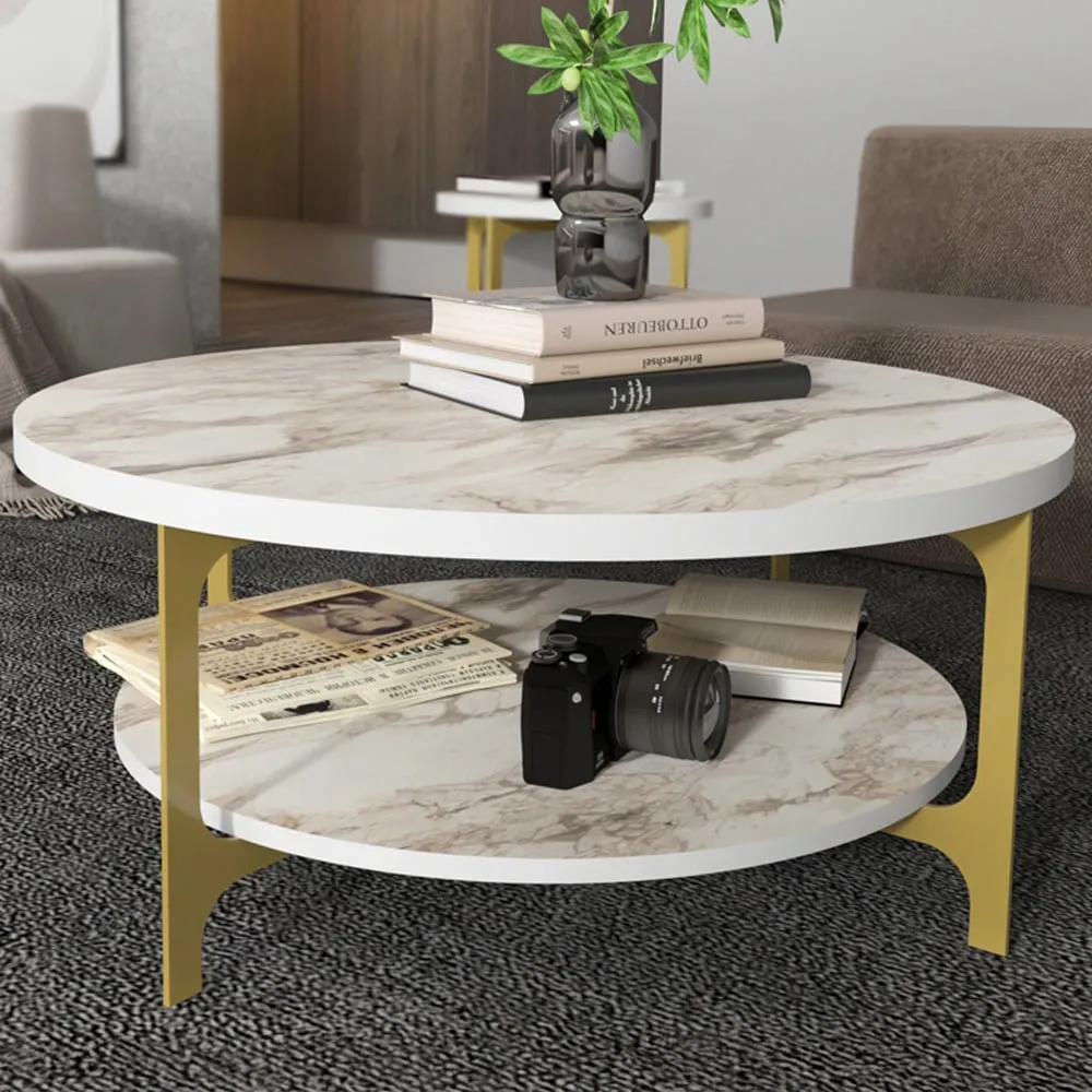 Versy Round Coffee Table with Shelf - White, Marble Effect