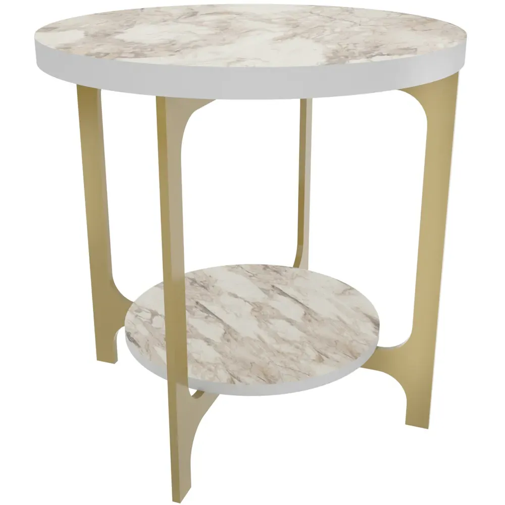 Versy Round End Table - White Marble Effect, Gold