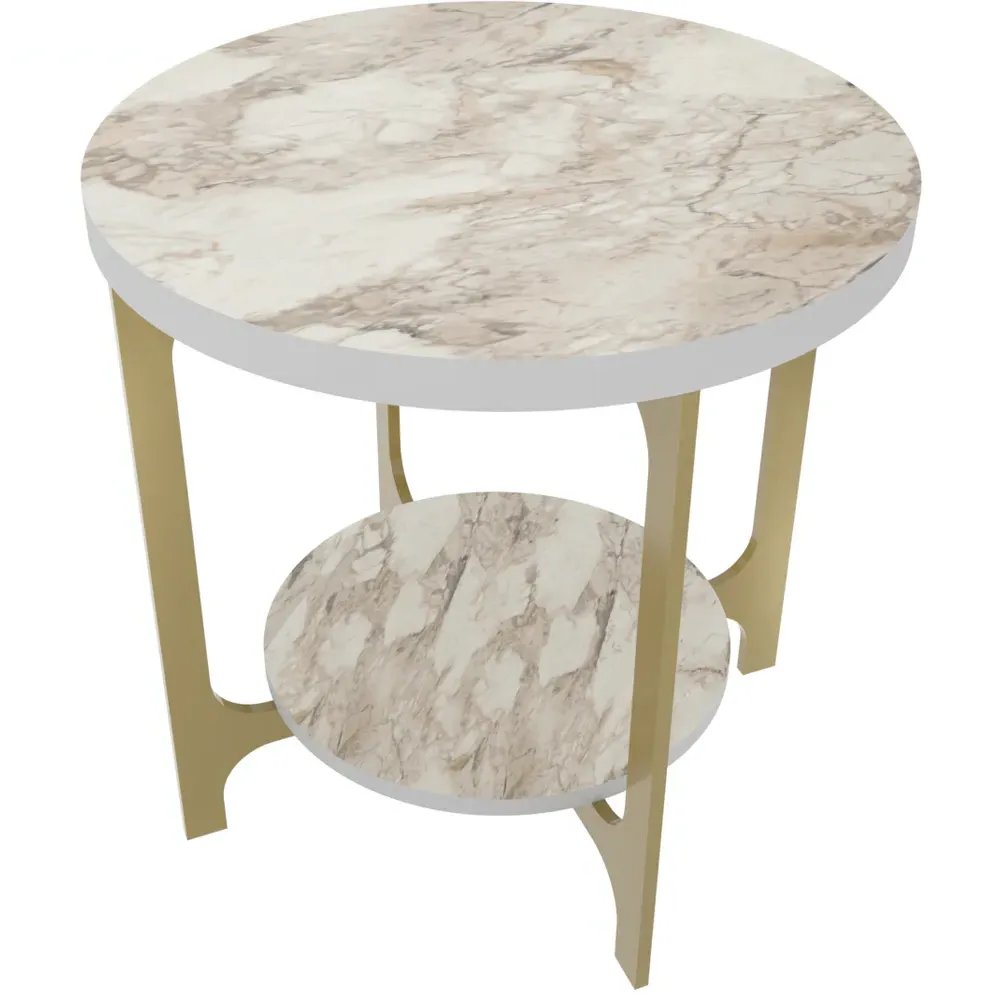 Versy Round End Table - White Marble Effect, Gold