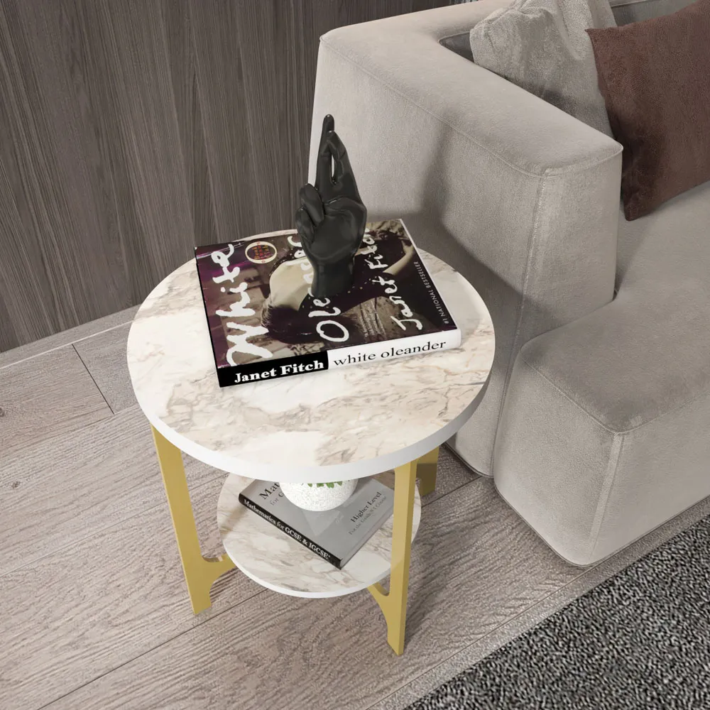 Versy Round End Table - White Marble Effect, Gold