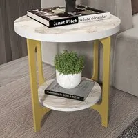 Versy Round End Table - White Marble Effect, Gold
