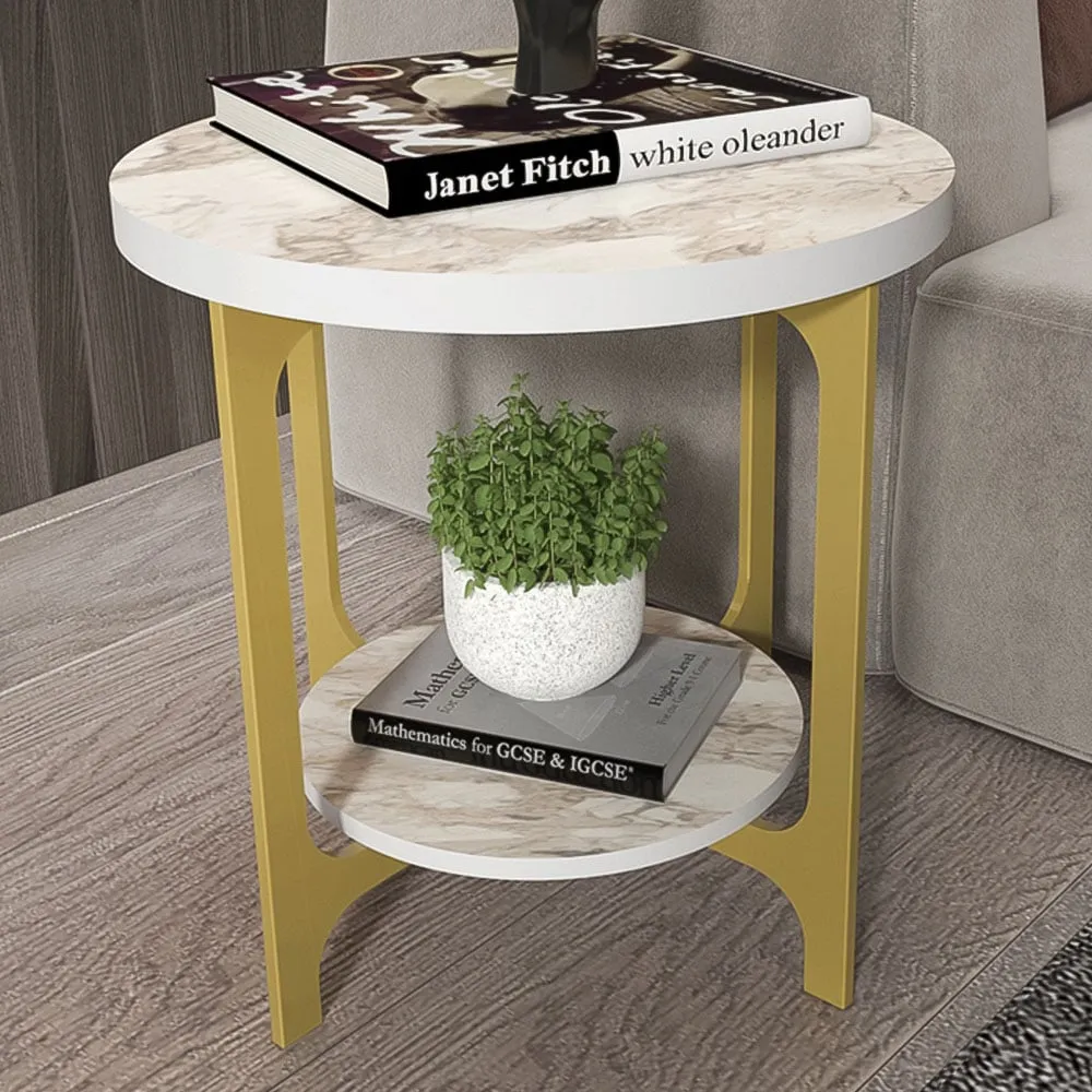Versy Round End Table - White Marble Effect, Gold image