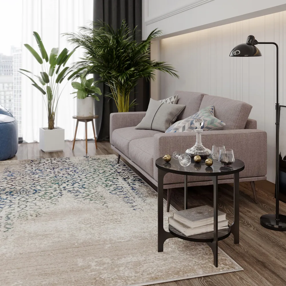 Versy Round Side Table - Black Marble Effect, Gold