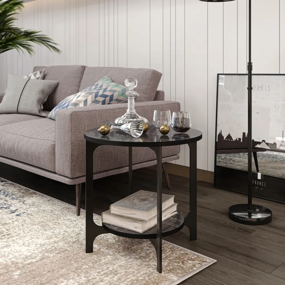 Versy Round Side Table - Black Marble Effect, Gold