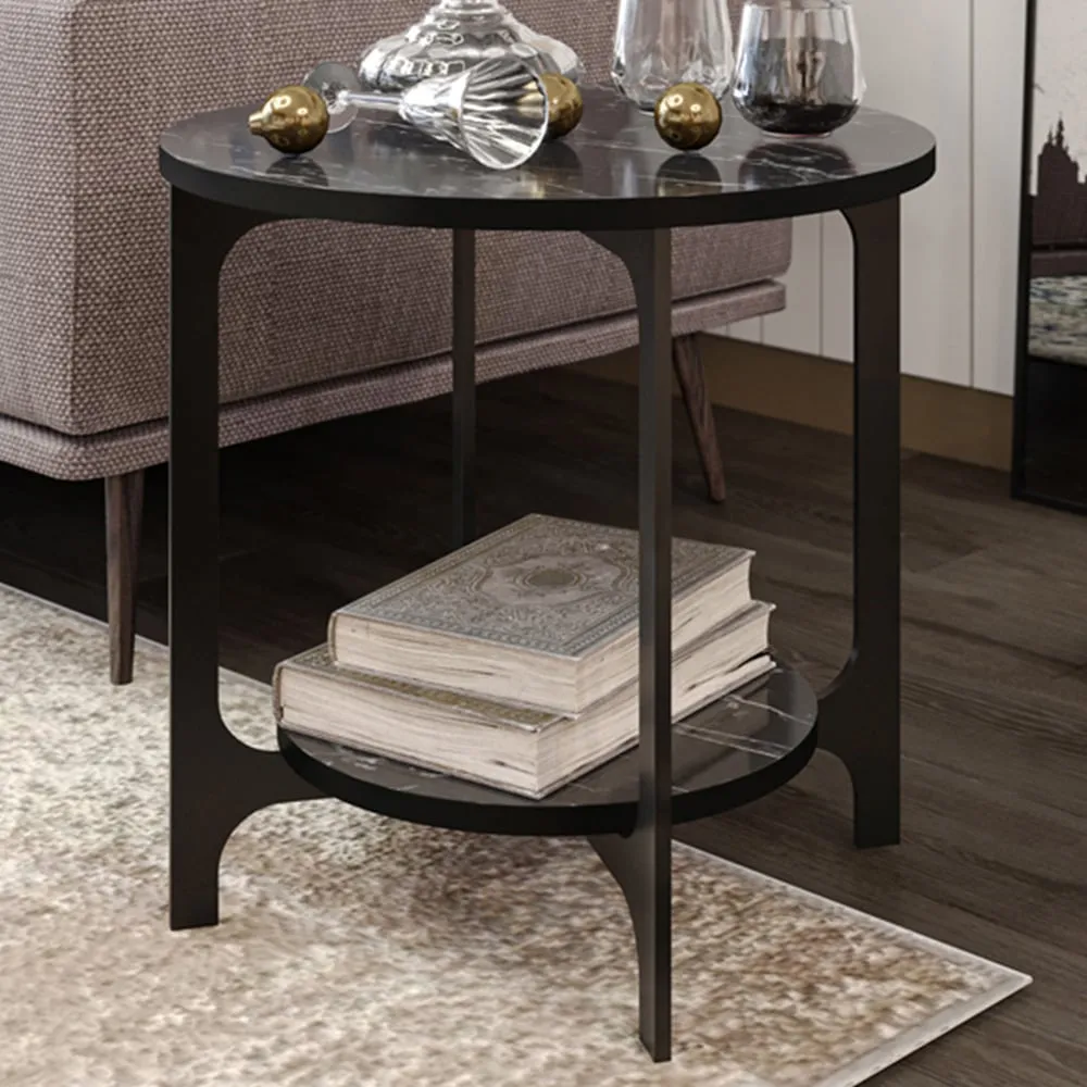 Versy Round Side Table - Black Marble Effect, Gold image