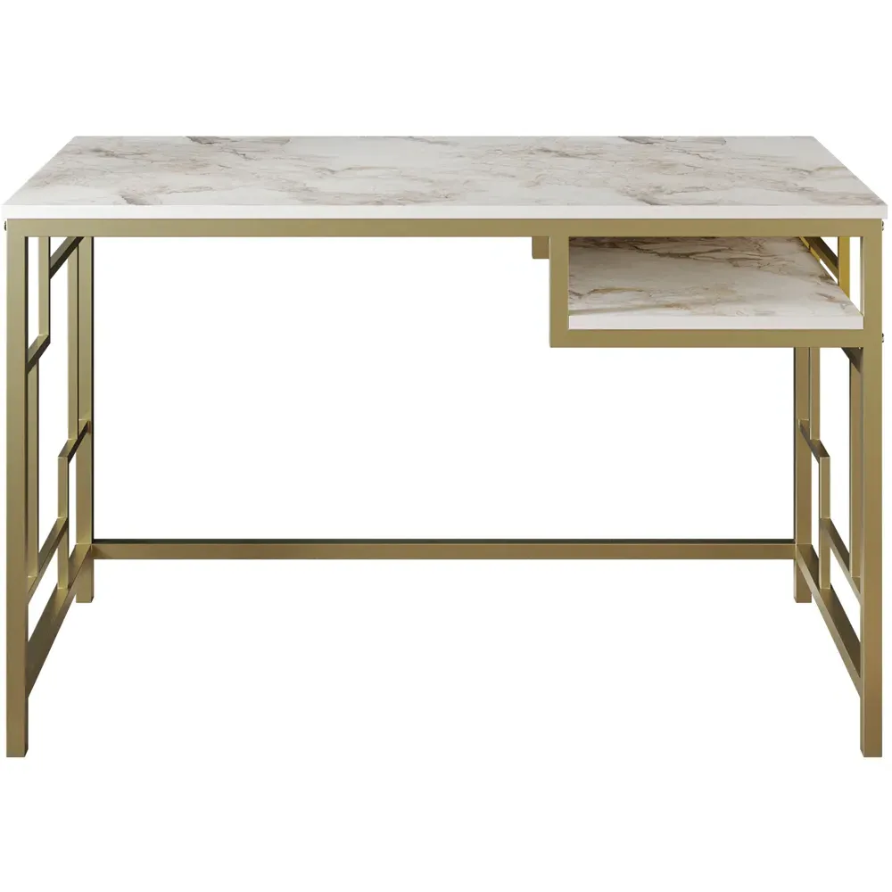 Victory Wide Study Desk with Shelf - White Marble, Gold