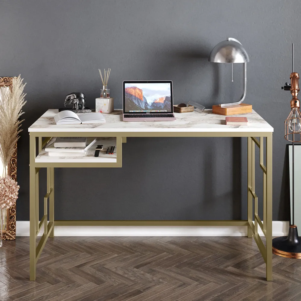 Victory Wide Study Desk with Shelf - White Marble, Gold