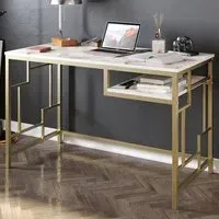 Victory Wide Study Desk with Shelf - White Marble, Gold