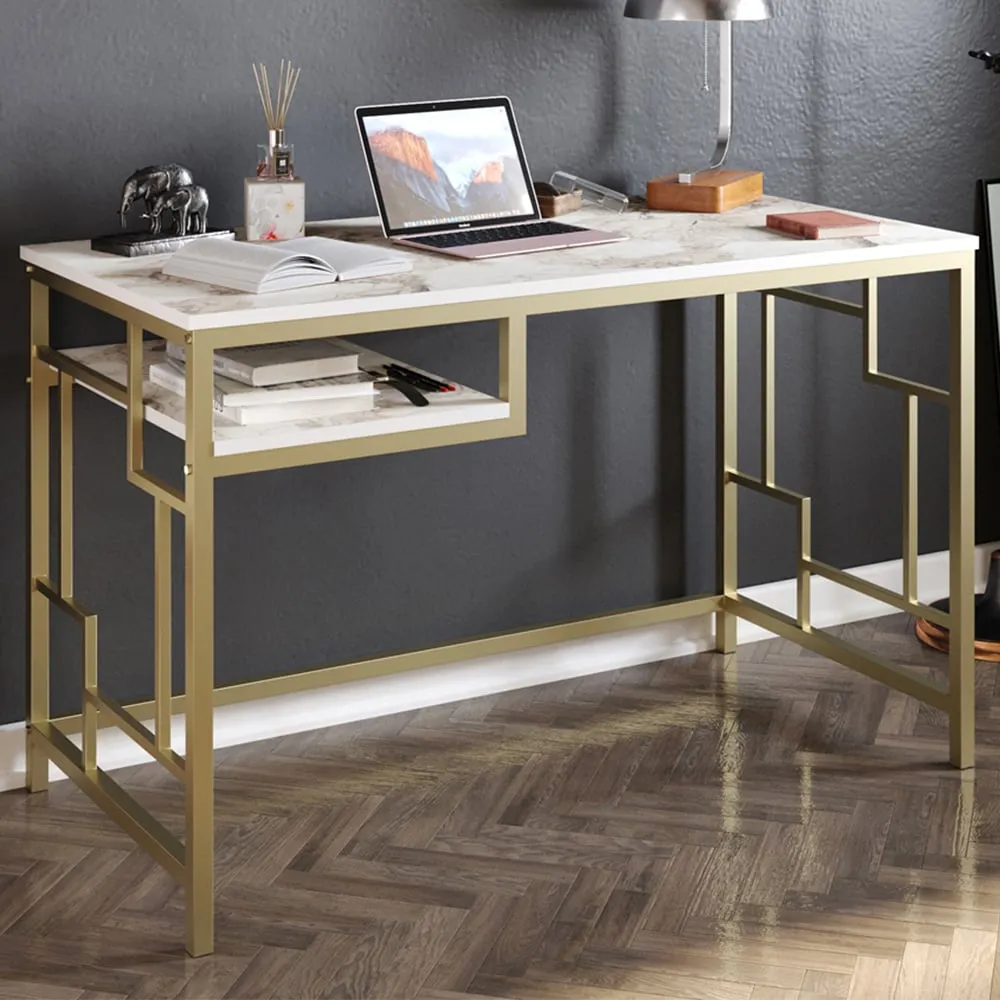 Victory Wide Study Desk with Shelf - White Marble, Gold