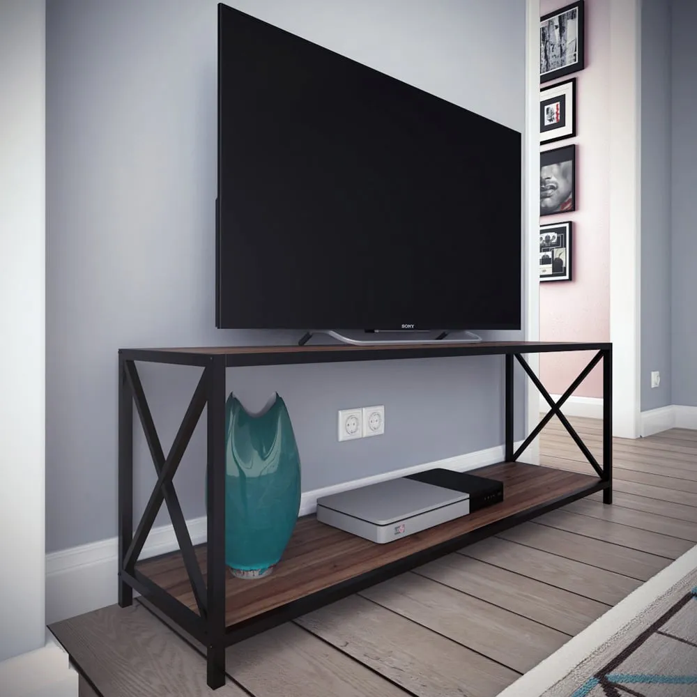 Xena Single Shelf X-Frame TV Unit - Walnut, Metal