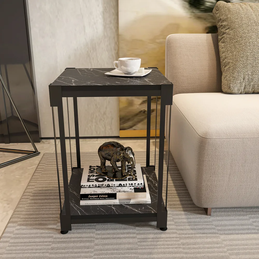 Zenas Single Shelf Nightstand - Black Marble Effect, Metal