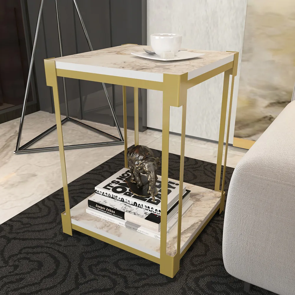 Zenas Single Shelf Nightstand - White Marble Effect, Metal