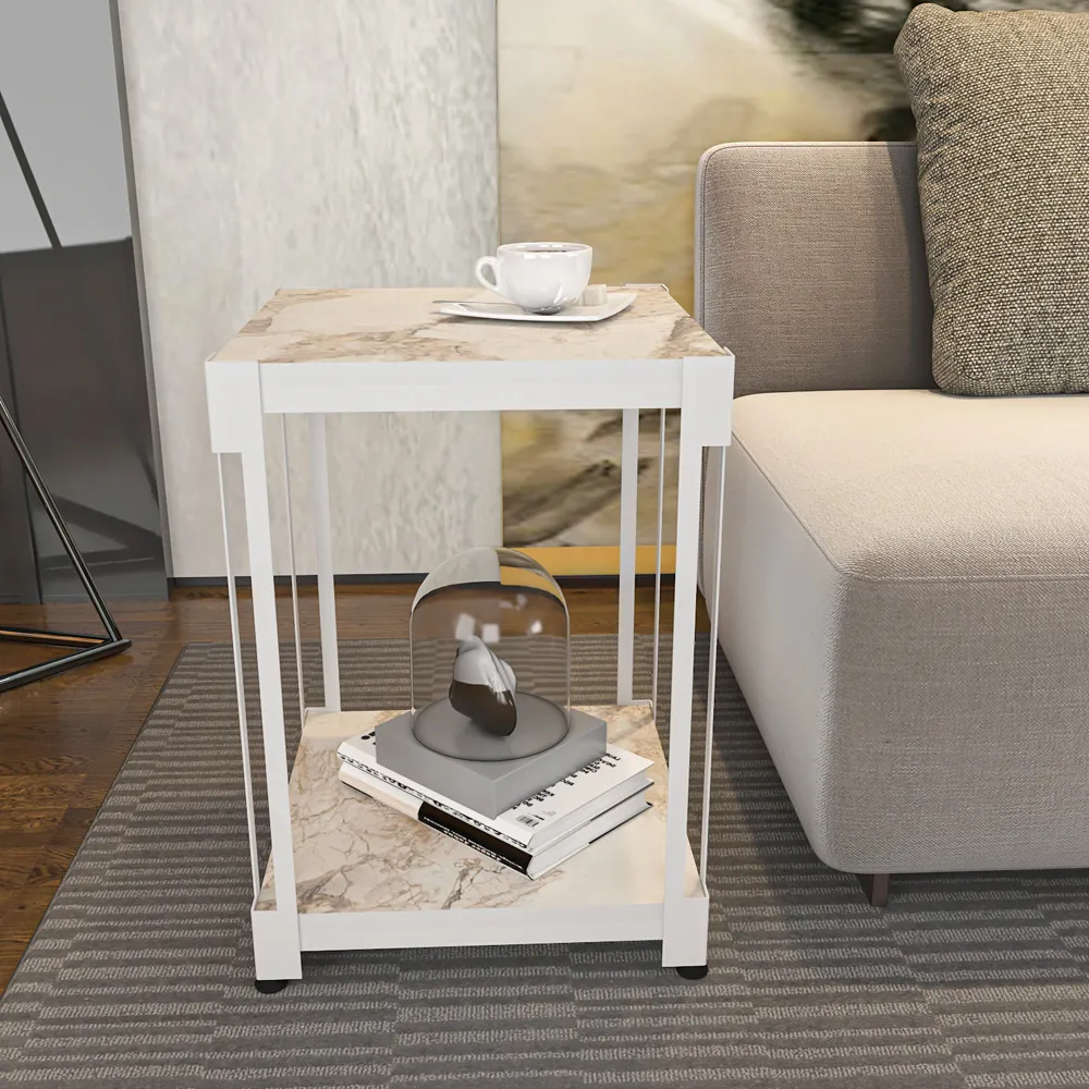 Zenas Single Shelf Nightstand - White Marble Effect, Metal