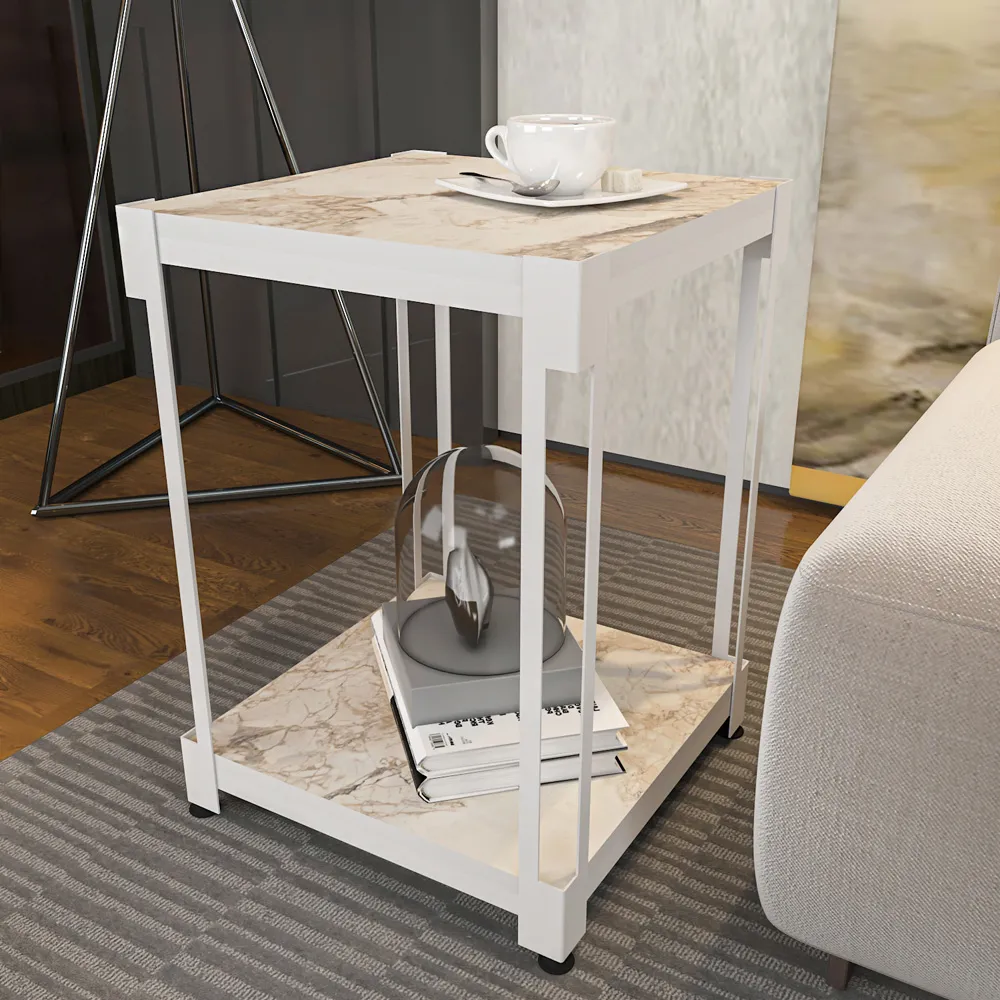 Zenas Single Shelf Nightstand - White Marble Effect, Metal