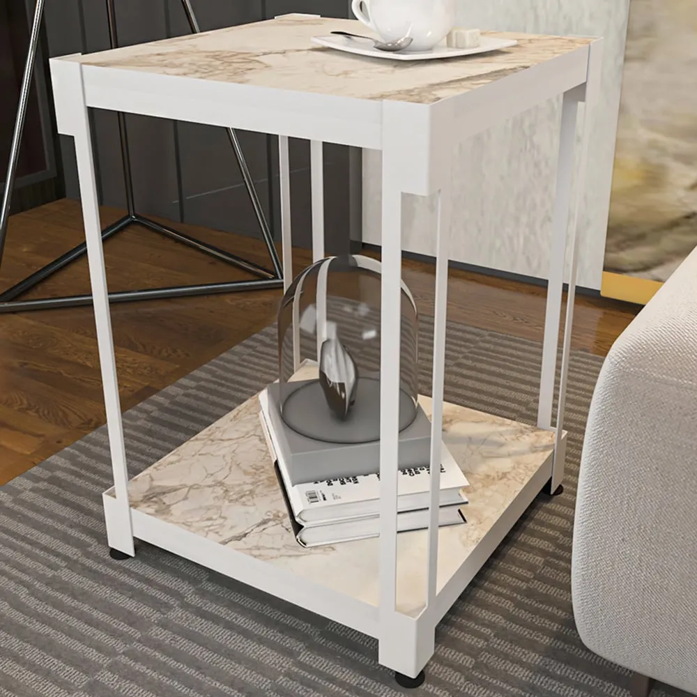 Zenas Single Shelf Nightstand - White Marble Effect, Metal
