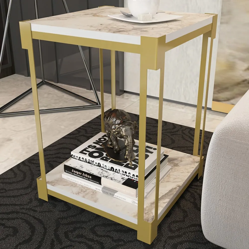 Zenas Single Shelf Nightstand - White Marble Effect, Metal
