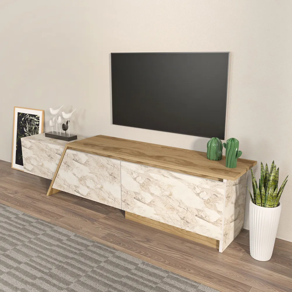 Zonas 3 Door TV Unit with Storage - Oud, White Marble