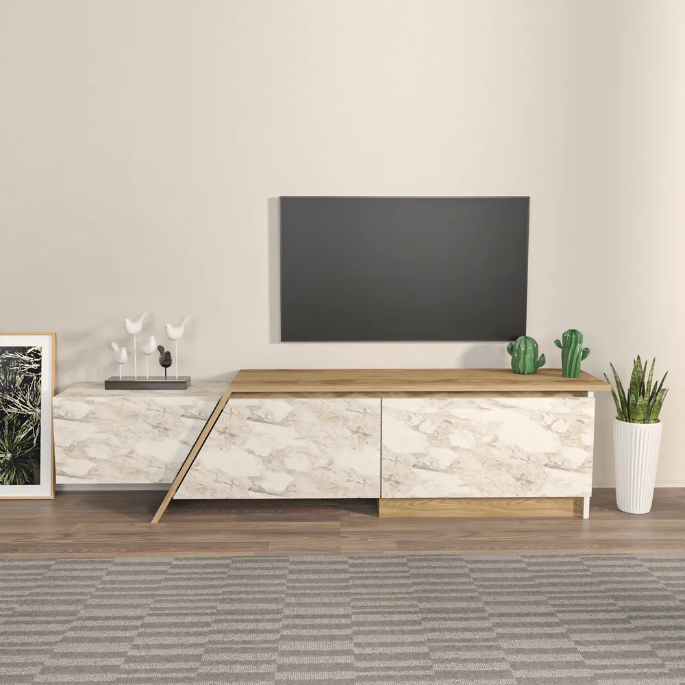Zonas 3 Door TV Unit with Storage - Oud, White Marble