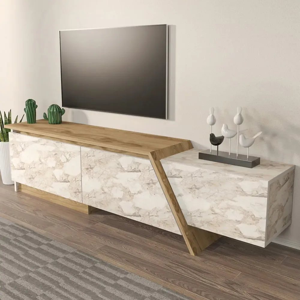 Zonas 3 Door TV Unit with Storage - Oud, White Marble