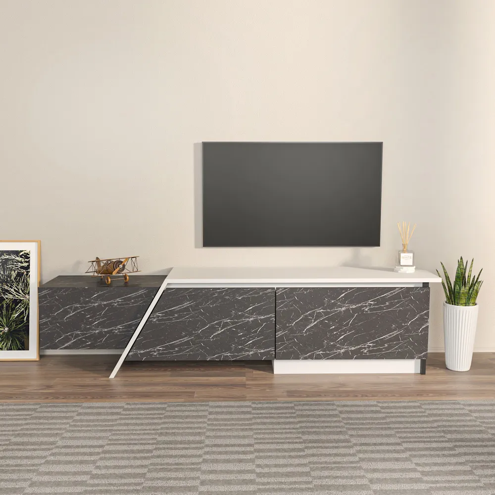 Zonas 3 Door TV Unit with Storage - White, Black Marble