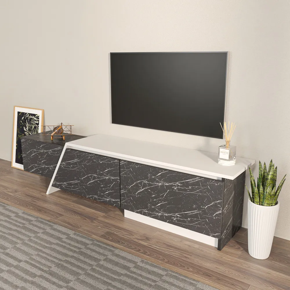 Zonas 3 Door TV Unit with Storage - White, Black Marble