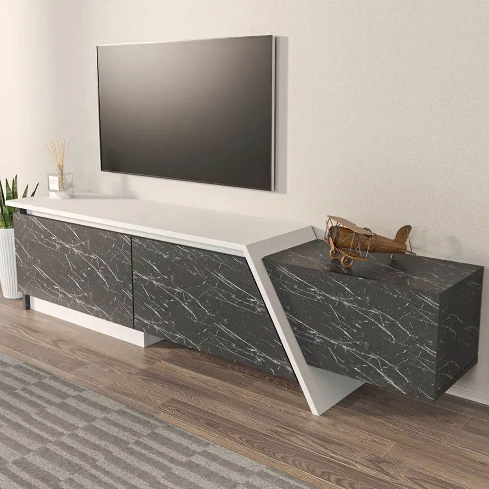 Zonas 3 Door TV Unit with Storage - White, Black Marble