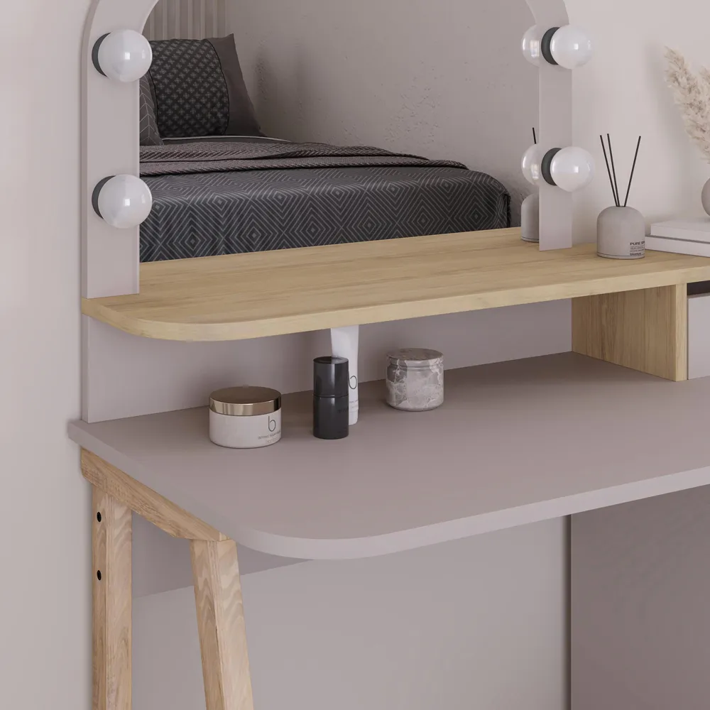 Avien 3 Drawer Makeup Vanity Table with LED Mirror - Mocha Grey, Oak