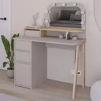 Avien 3 Drawer Makeup Vanity Table with LED Mirror - Mocha Grey, Oak