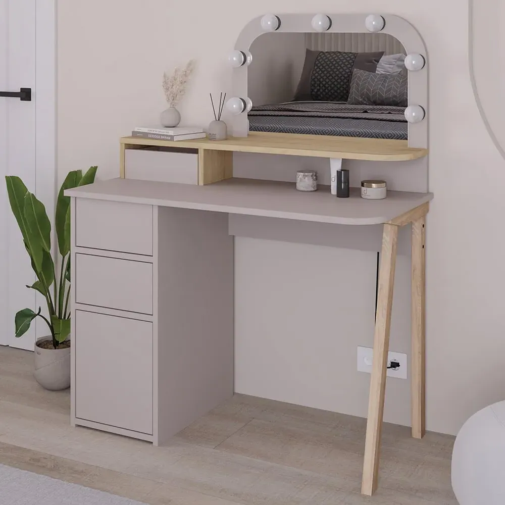 Avien 3 Drawer Makeup Vanity Table with LED Mirror - Mocha Grey, Oak image