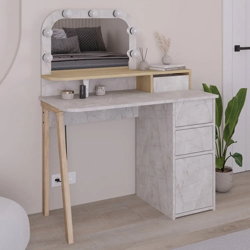 Avien 3 Drawer Makeup Vanity Table with LED Mirror - Sapphire, Oak