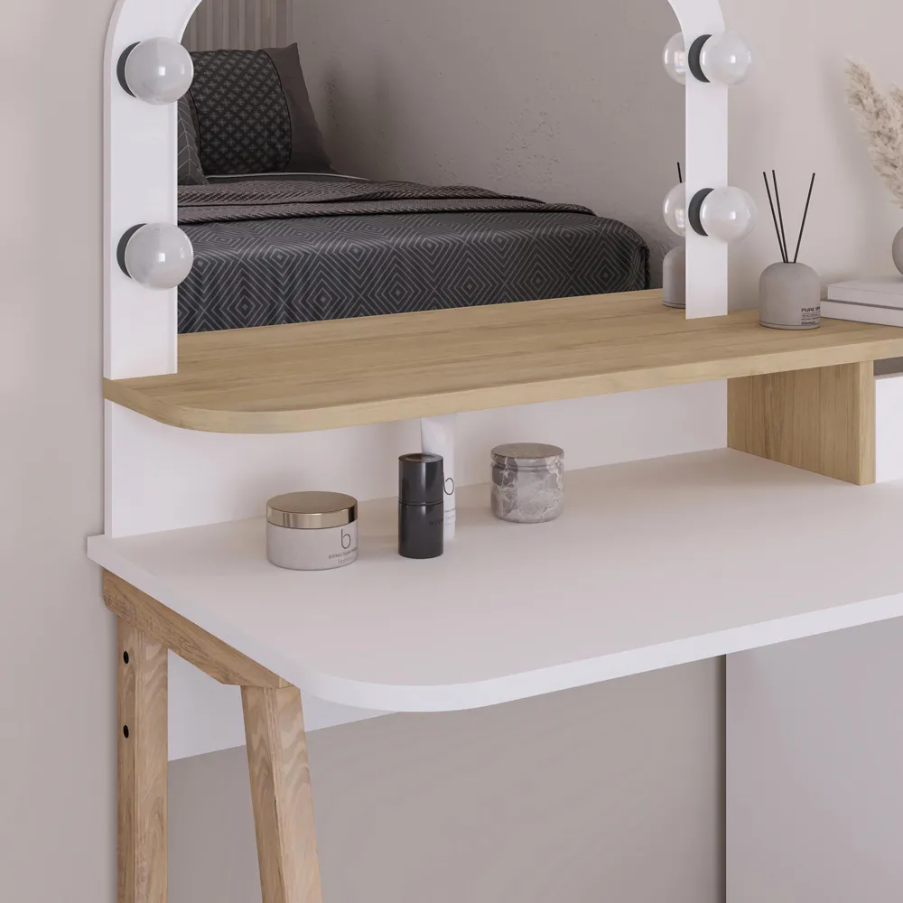 Avien 3 Drawer Makeup Vanity Table with LED Mirror - White, Oak