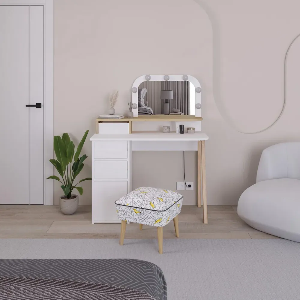 Avien 3 Drawer Makeup Vanity Table with LED Mirror - White, Oak