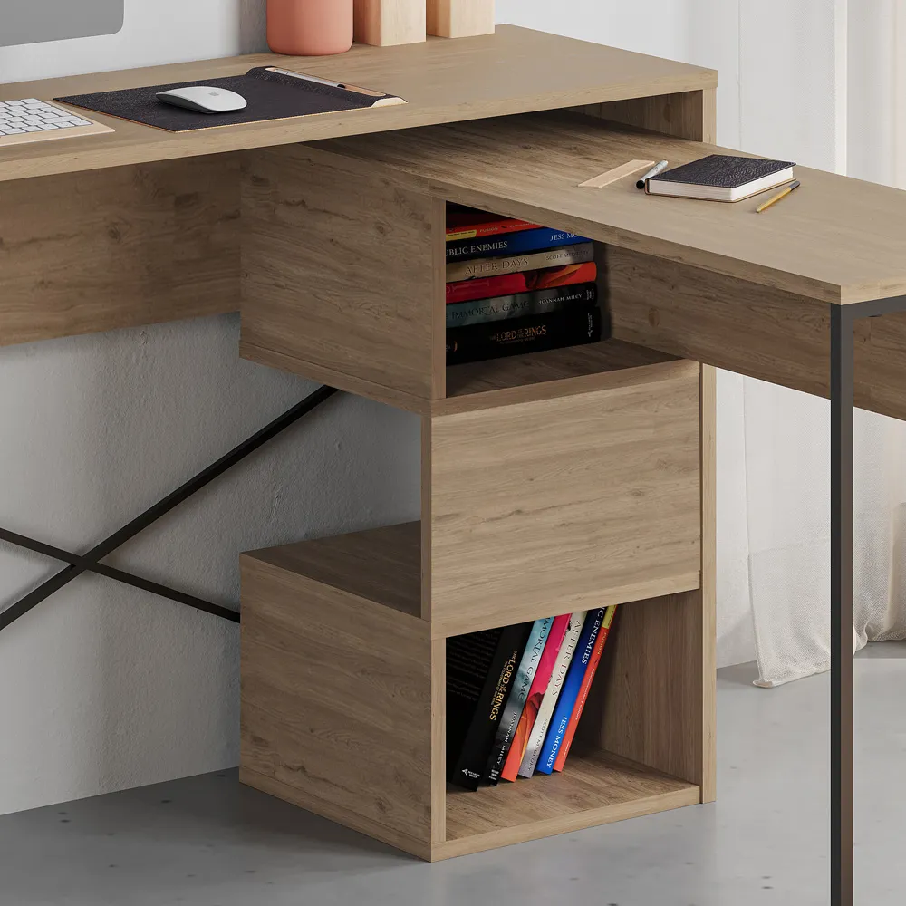 Badau 3 Shelf Computer Desk with Storage - Natural Oak