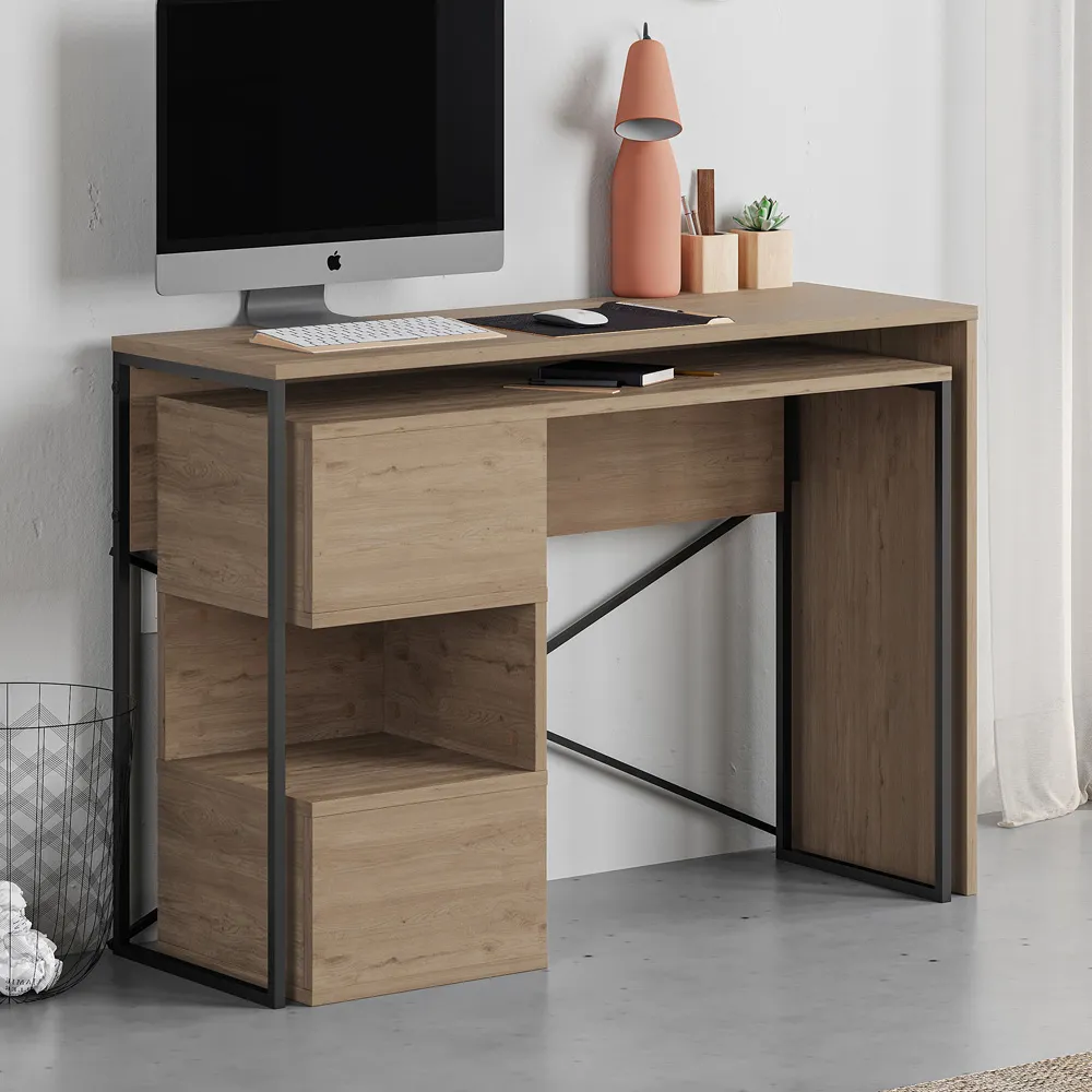 Badau 3 Shelf Computer Desk with Storage - Natural Oak