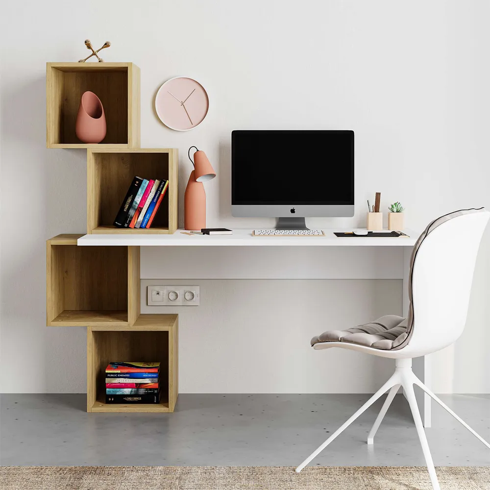 Balance Desk with Shelves - White, Oak