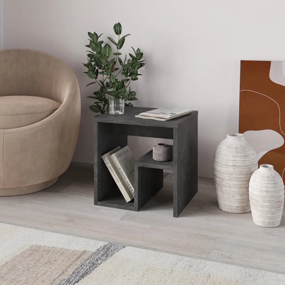 Bon G-Shaped Side Table with Storage - Grey, Particle Board