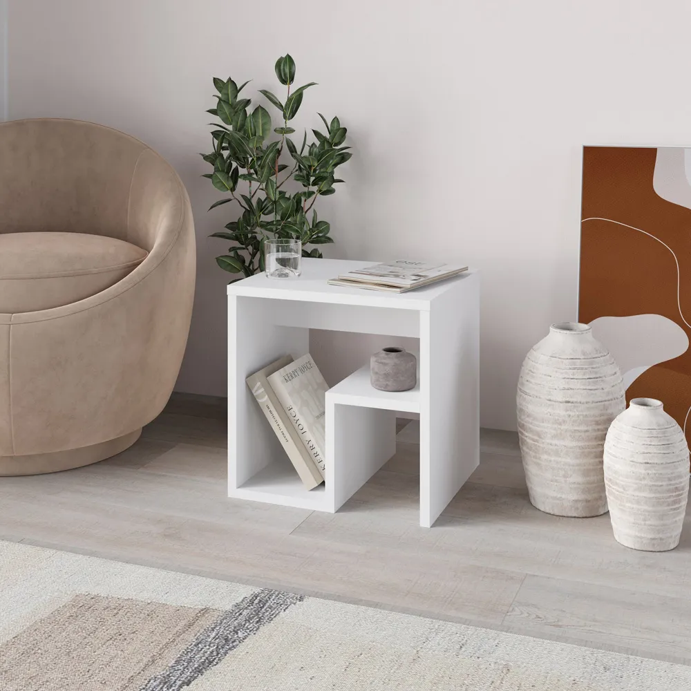 Bon G-Shaped Side Table with Storage - White