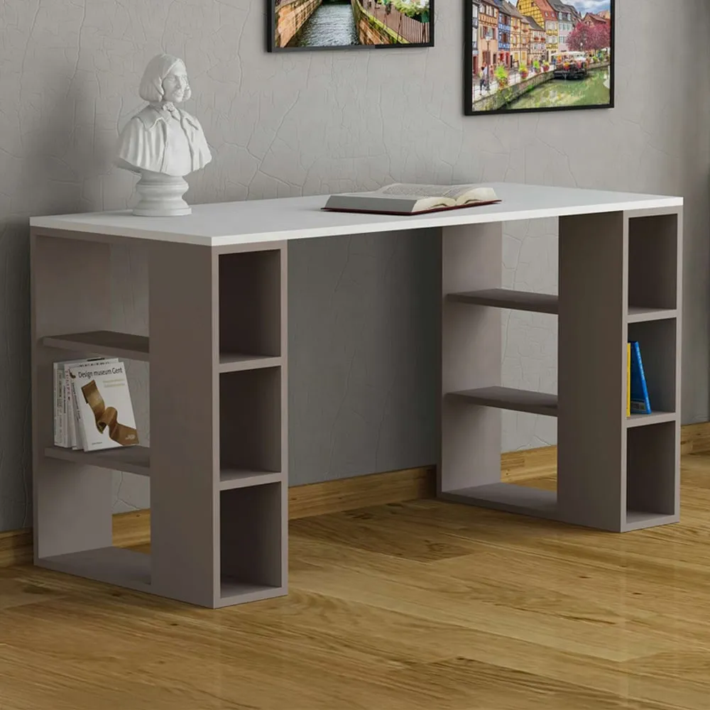Colmar 6 Shelf Desk with Bookcase - White, Mocha Grey