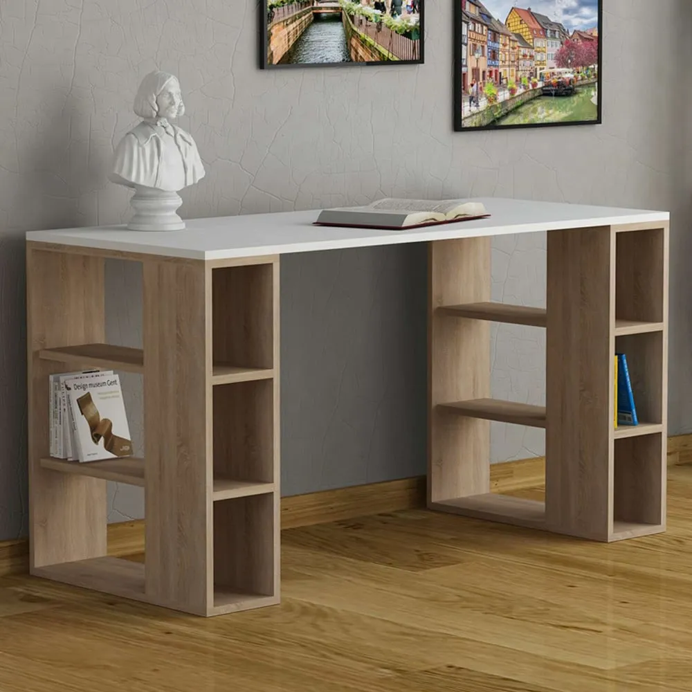 Colmar 6 Shelf Desk with Bookcase - White, Oak