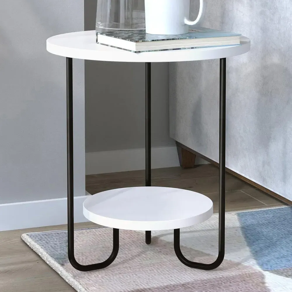 Corro Round End Table with Shelf - White