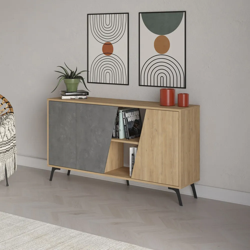 Fiona 3 Door 2 Shelf Sideboard - Oak, Retro Grey