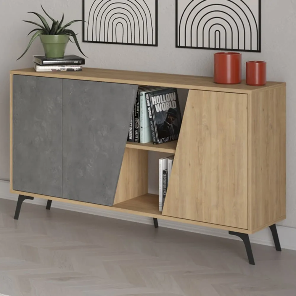 Fiona 3 Door 2 Shelf Sideboard - Oak, Retro Grey